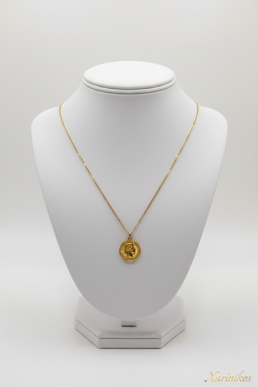 Gold Coin Pendant Necklace on jewelry display stand