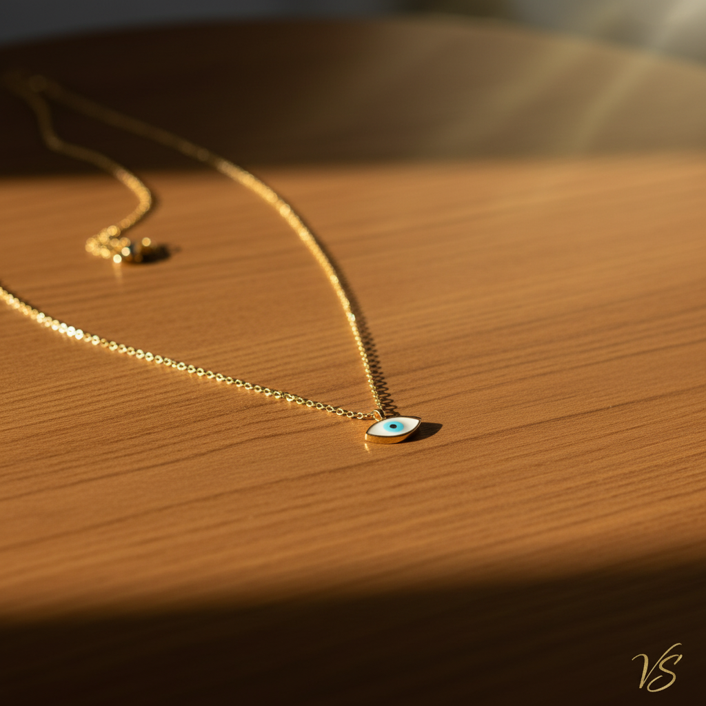 Blue Eye Charm Necklace σε τραπέζι με ηλιαχτίδες και υπογραφή VS