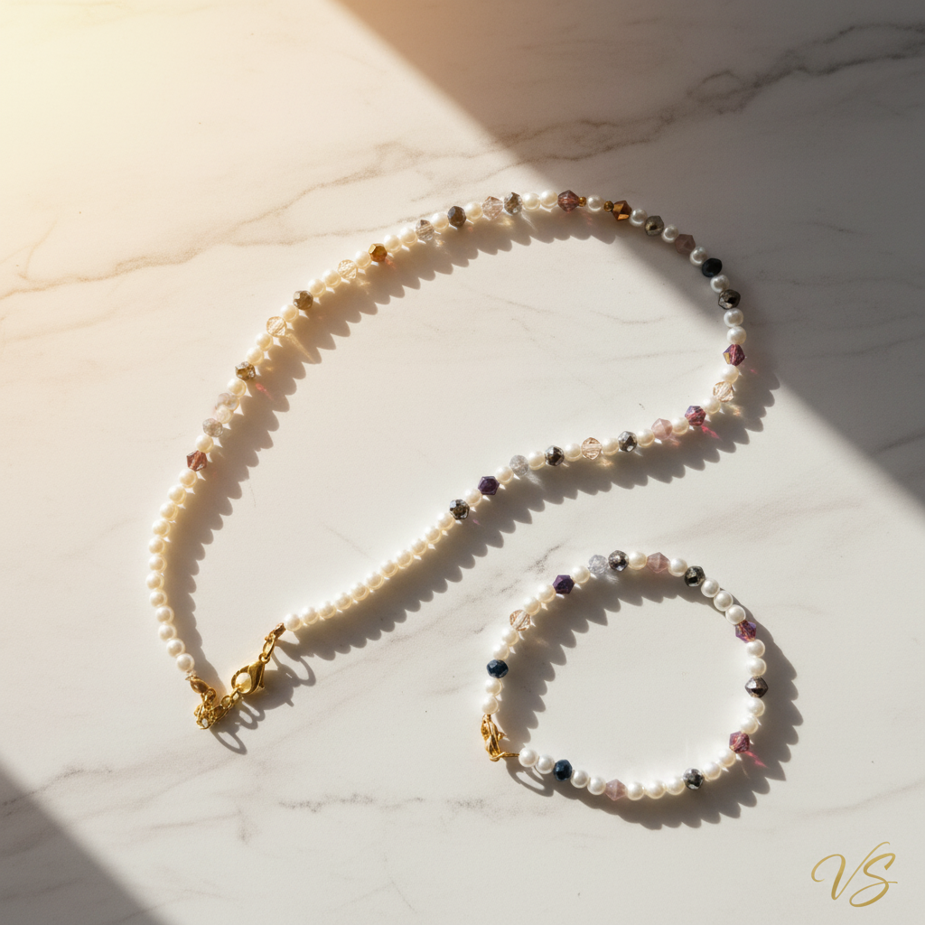 Multicolor Crystal Pearl Set - κολιέ και βραχιόλι σε τραπέζι με υπογραφή VS