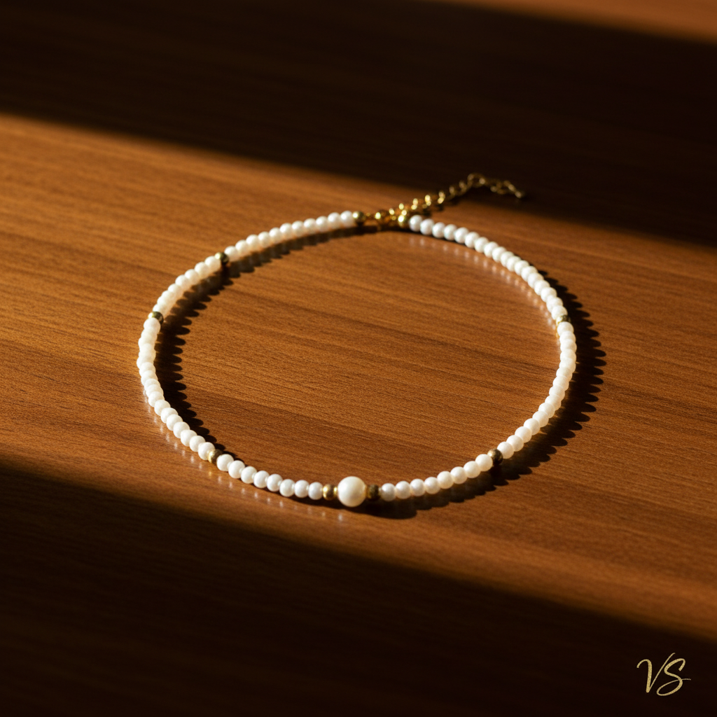 Bold Pearl Gold Necklace σε τραπέζι με ηλιαχτίδες και υπογραφή VS