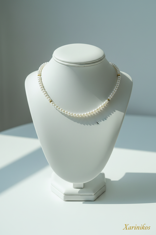 Pearl & Gold Beaded Necklace on jewelry display stand