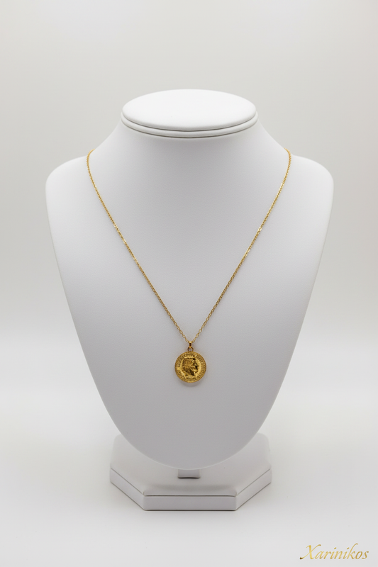 Gold Coin Pendant Necklace on jewelry display stand
