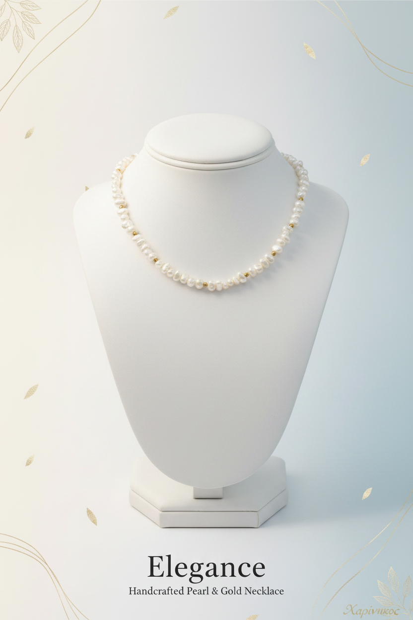 Elegance Handcrafted Pearl & Gold Necklace on jewelry display stand