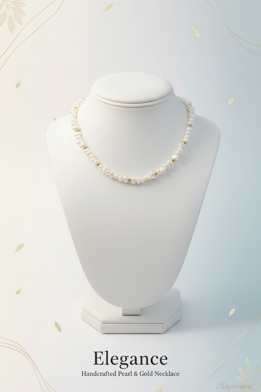 Elegance Handcrafted Pearl & Gold Necklace on jewelry display stand