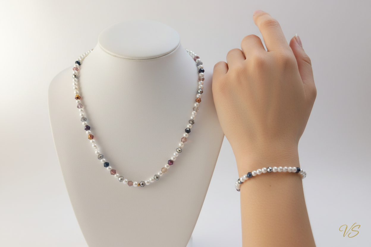 Multicolor Crystal Pearl Set - κολιέ σε λαιμουδιέρα και βραχιόλι σε χέρι